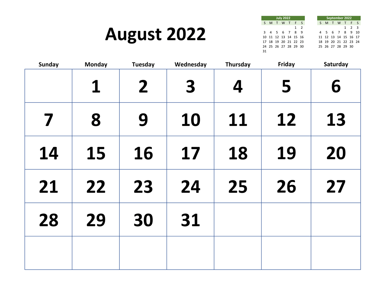 August 2022 Calendar New