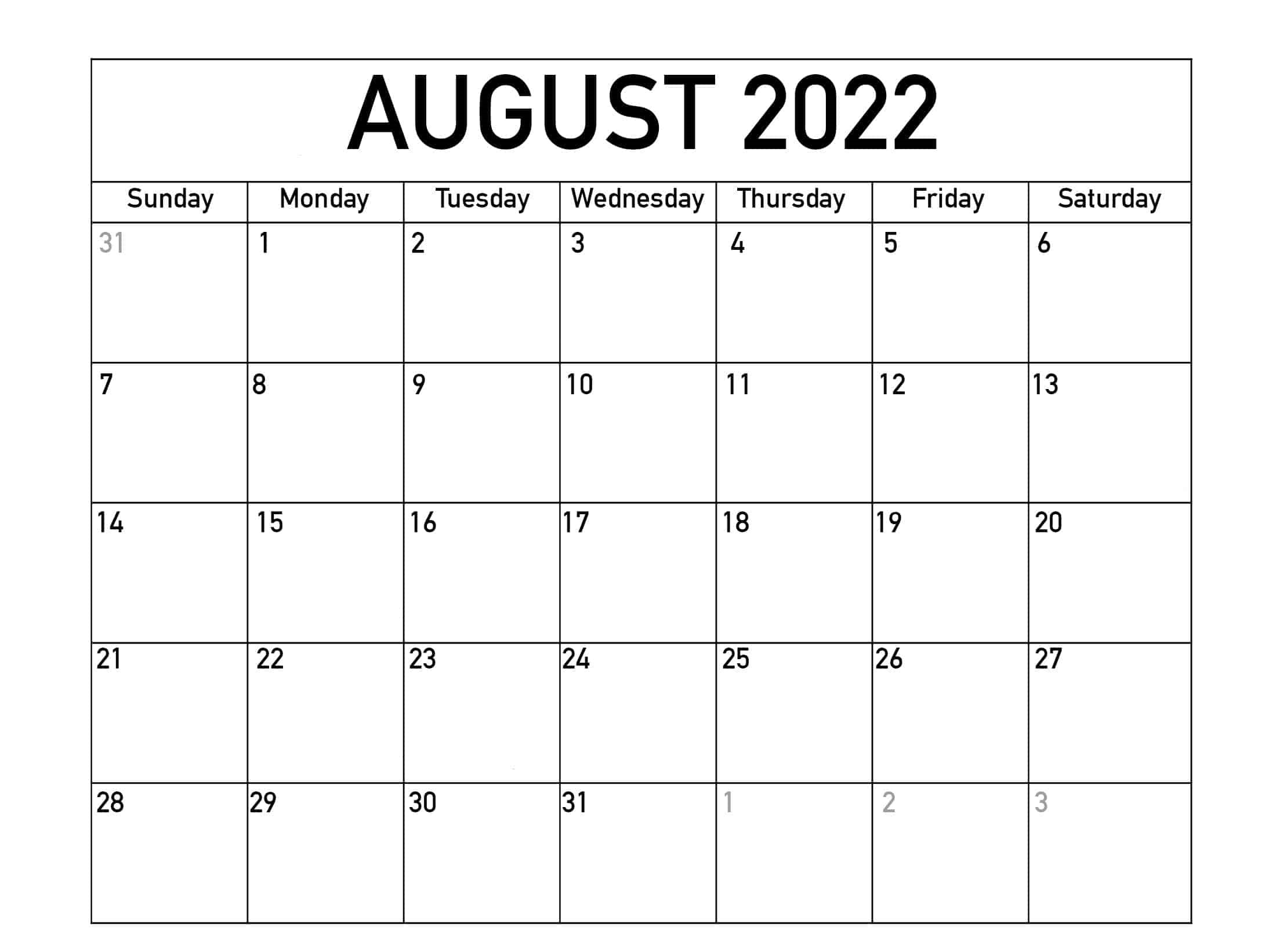 August 2022 Calendar With Holidays New