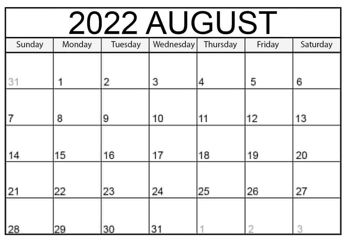 Blank August 2022 Calendar New