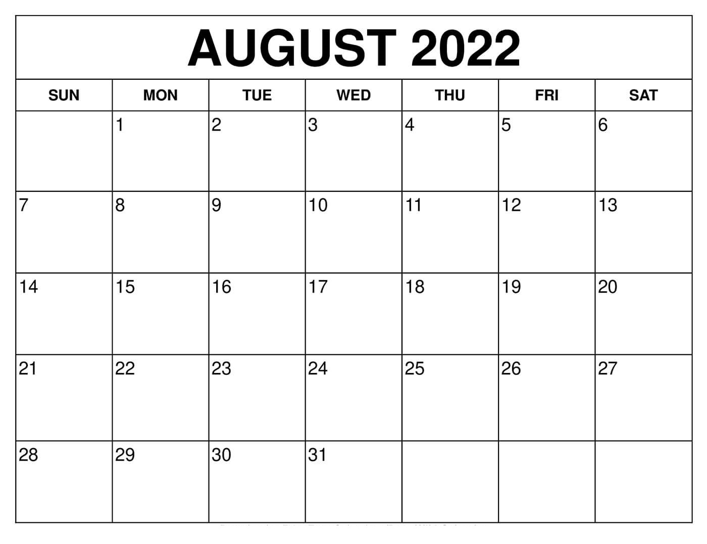 Blank August 2022 Calendar PDF