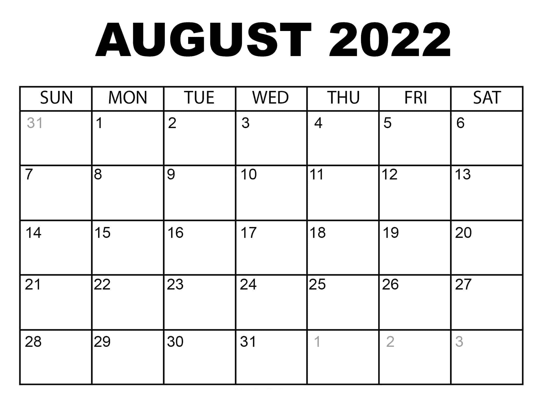 Blank August 2022 Calendar Template
