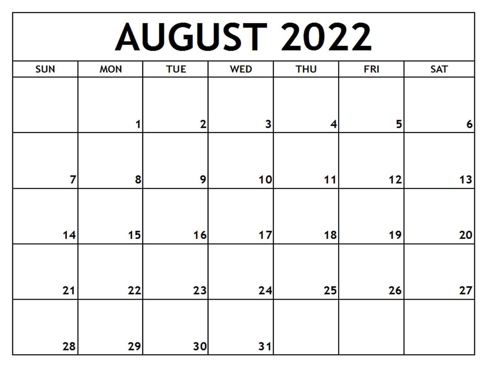 Blank August 2022 Calendar With Holidays