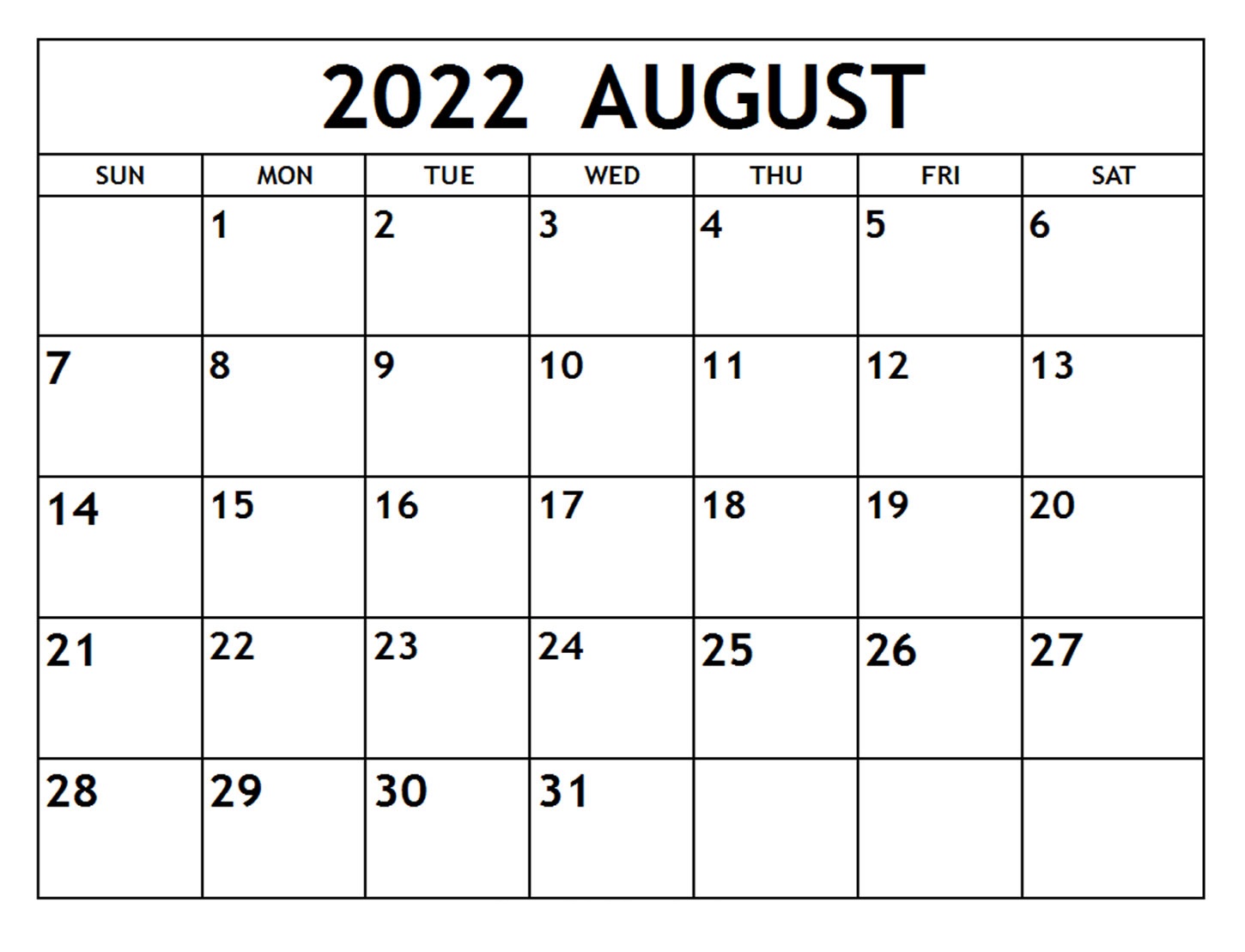 Blank August 2022 Printable Calendar