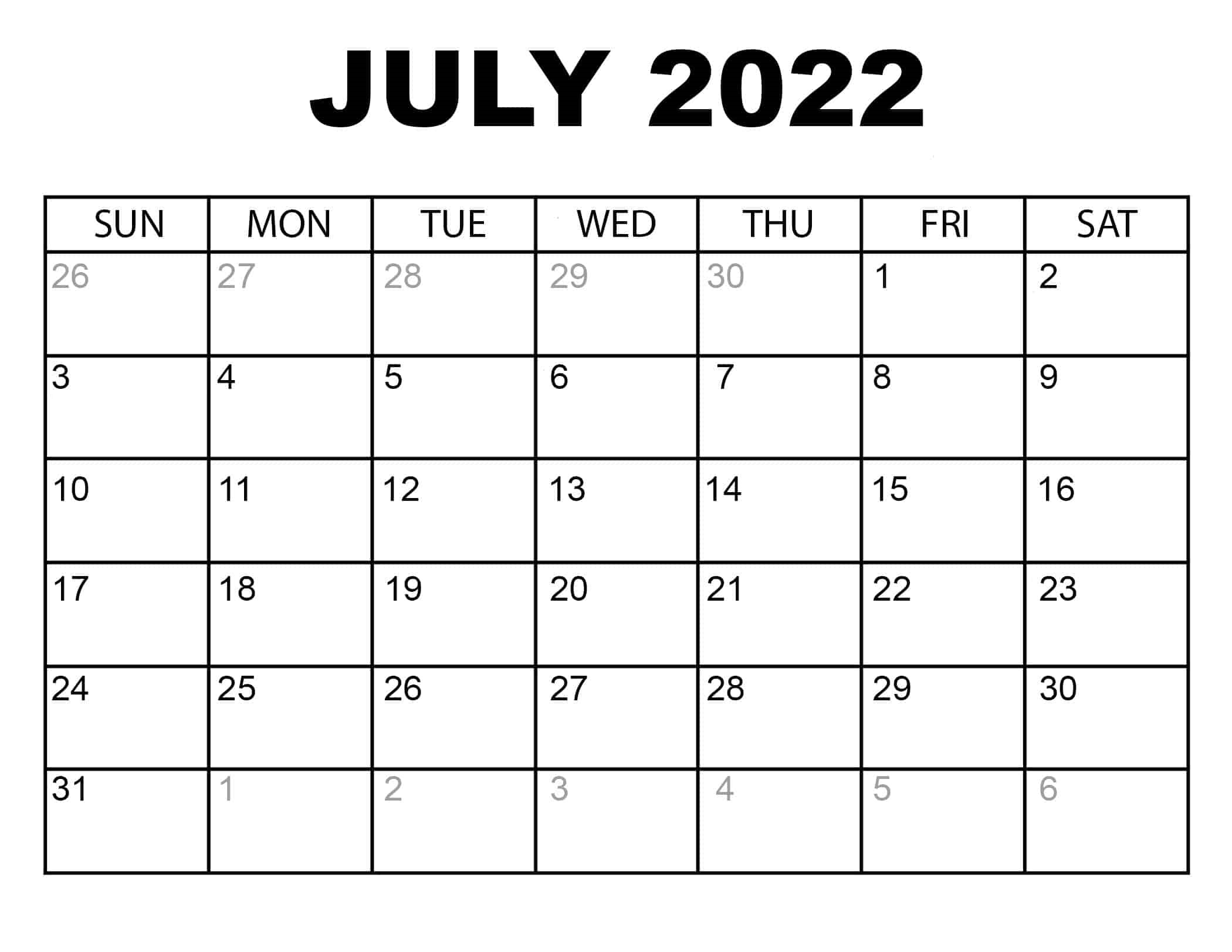 Blank July 2022 Calendar Template