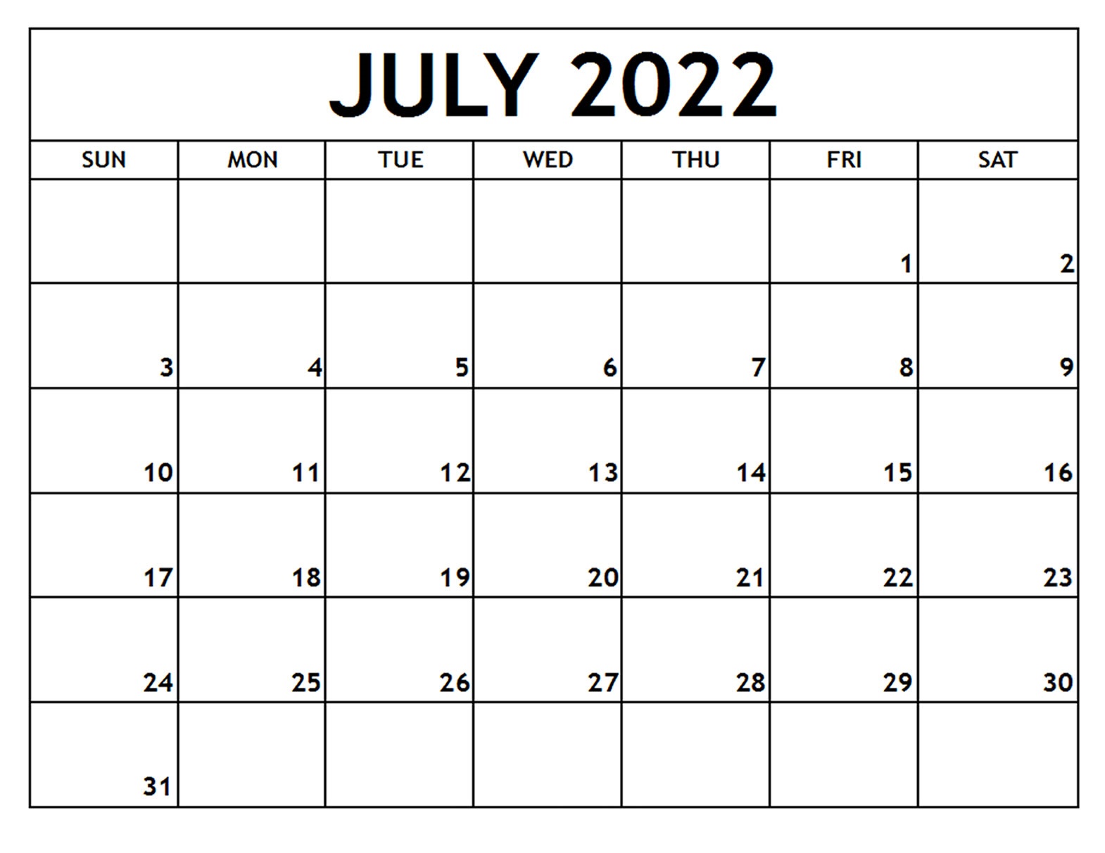 Blank July 2022 Calendar