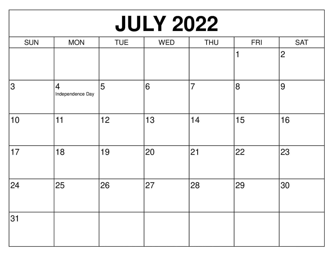 Blank July 2022 Printable Calendar