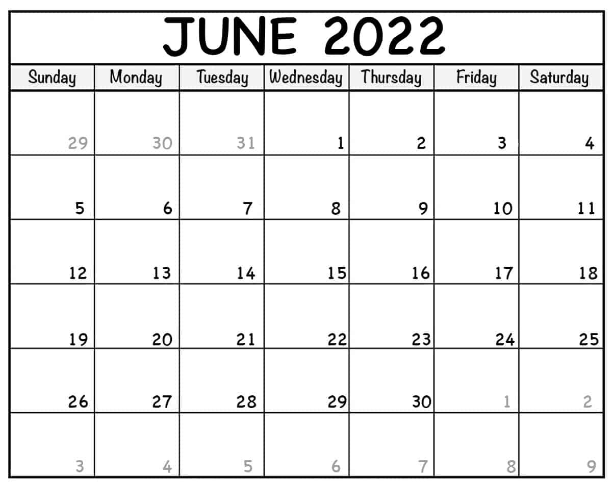 Blank June 2022 Calendar Print