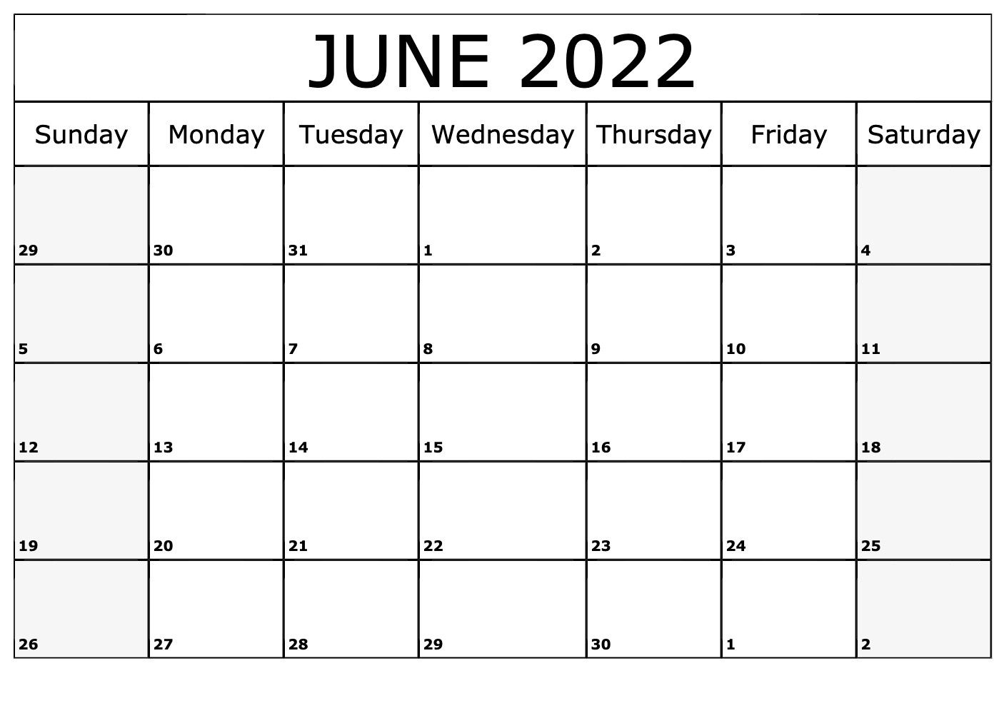 Blank June 2022 Calendar