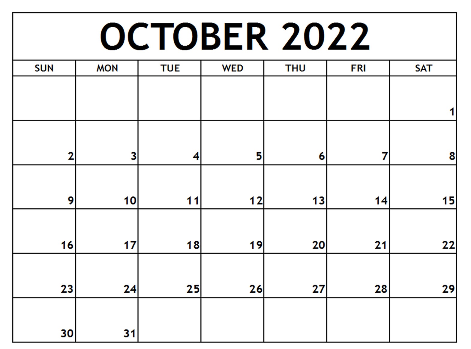 Blank October 2022 Calendar Cute