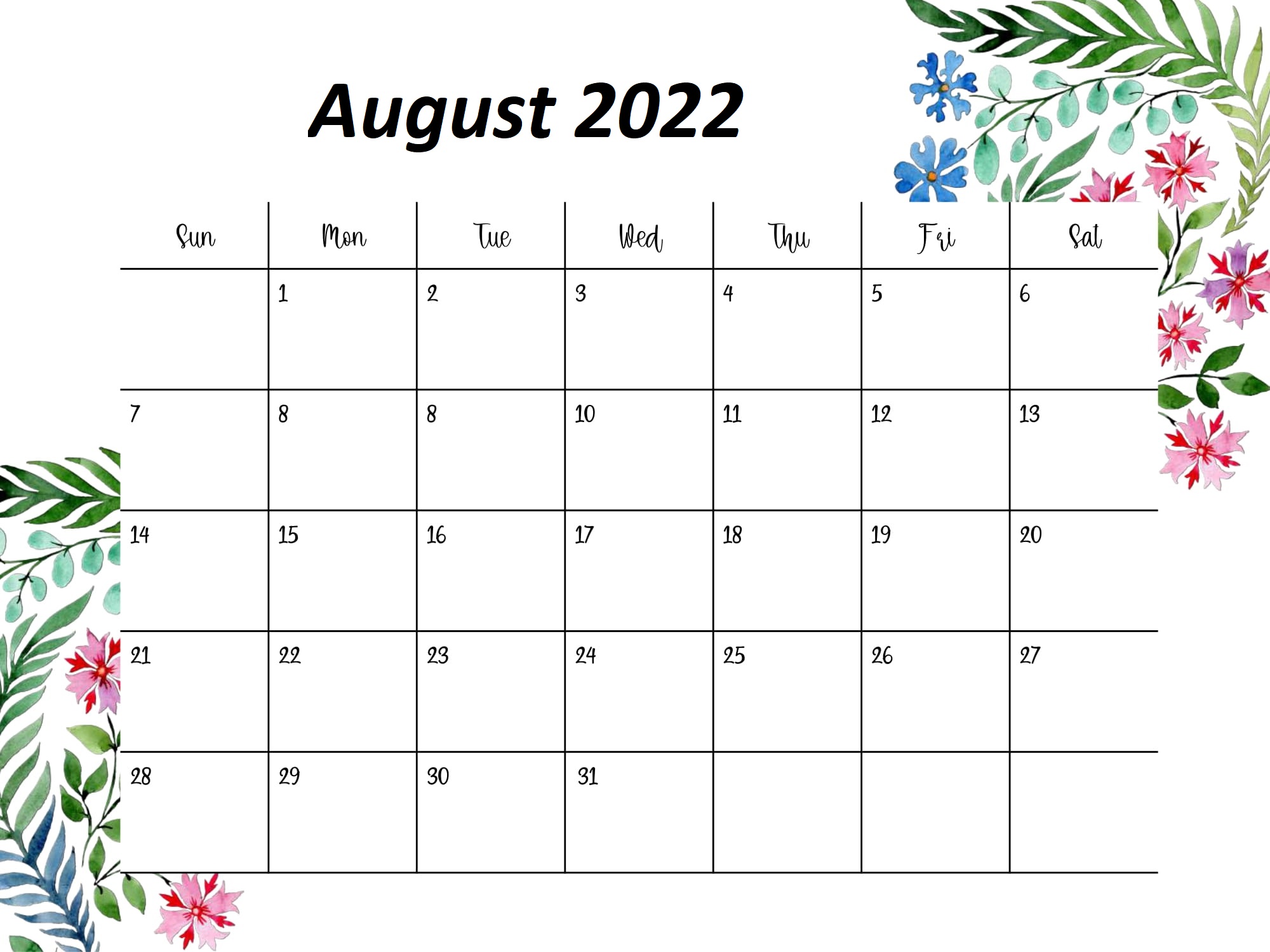 Cute August 2022 Calendar Printable