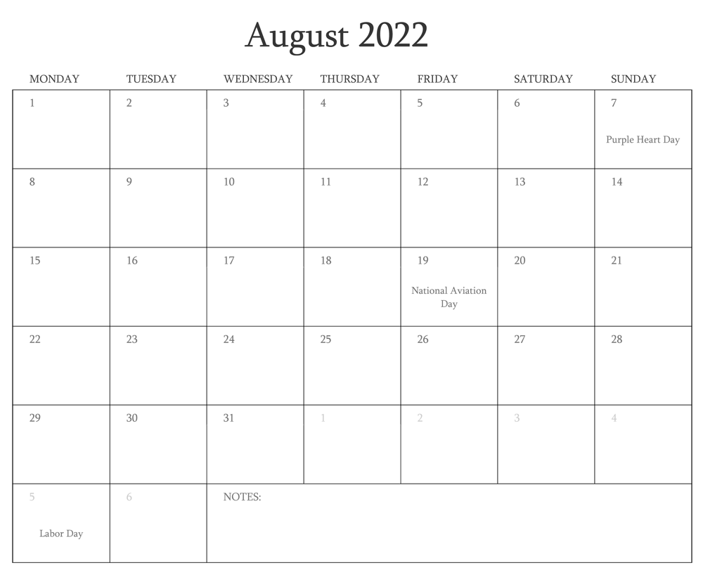 Cute August 2022 Calendar With Holidays
