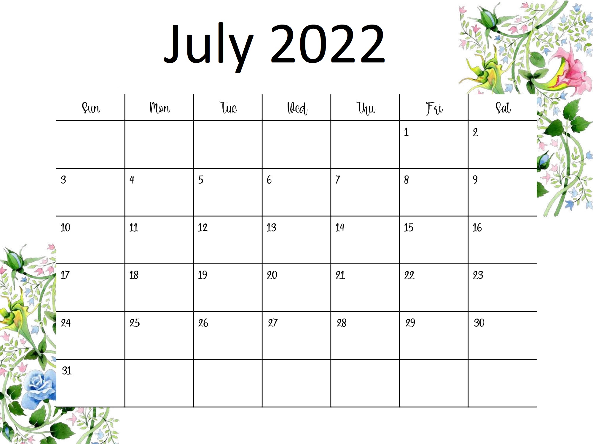 Cute July 2022 Calendar PDF