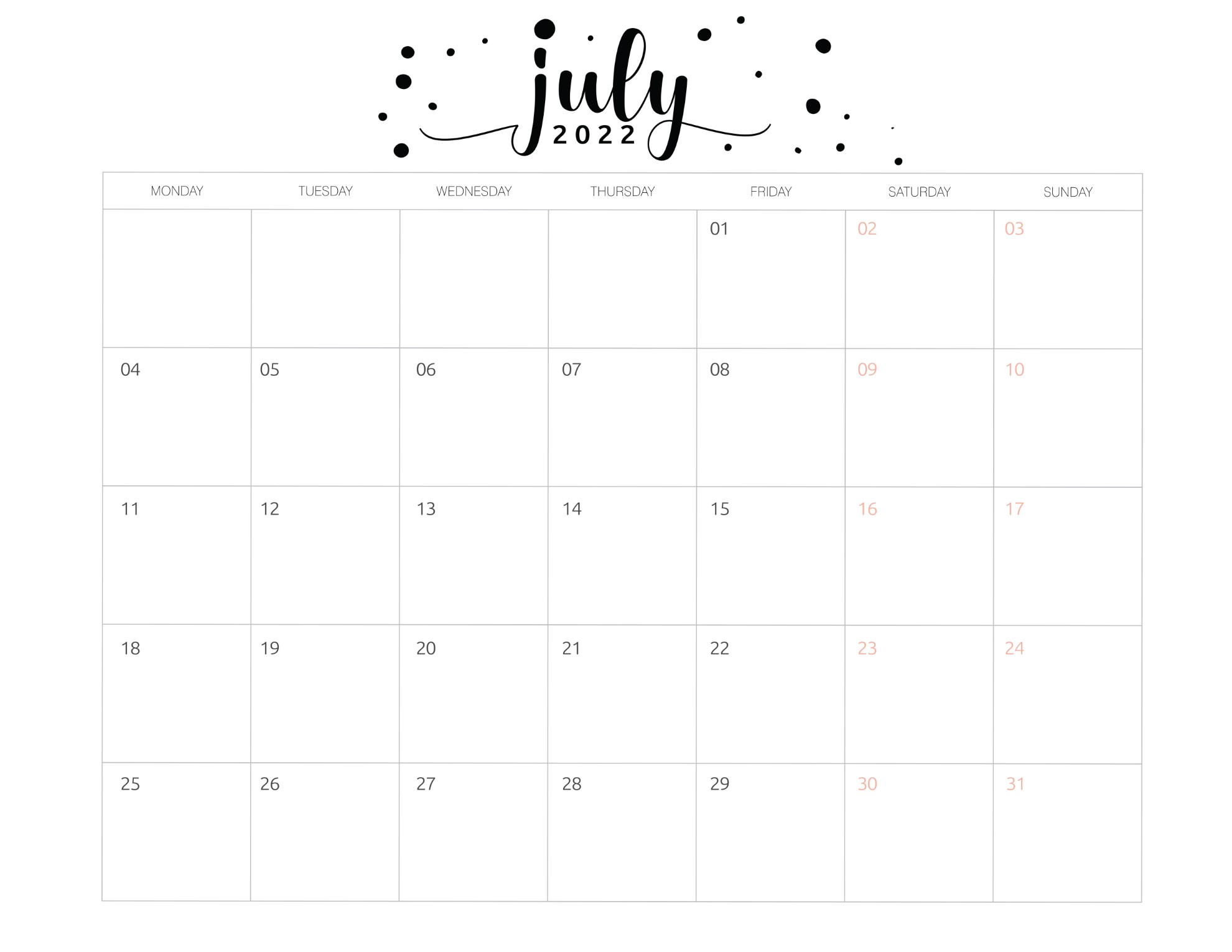 Cute July 2022 Calendar Print