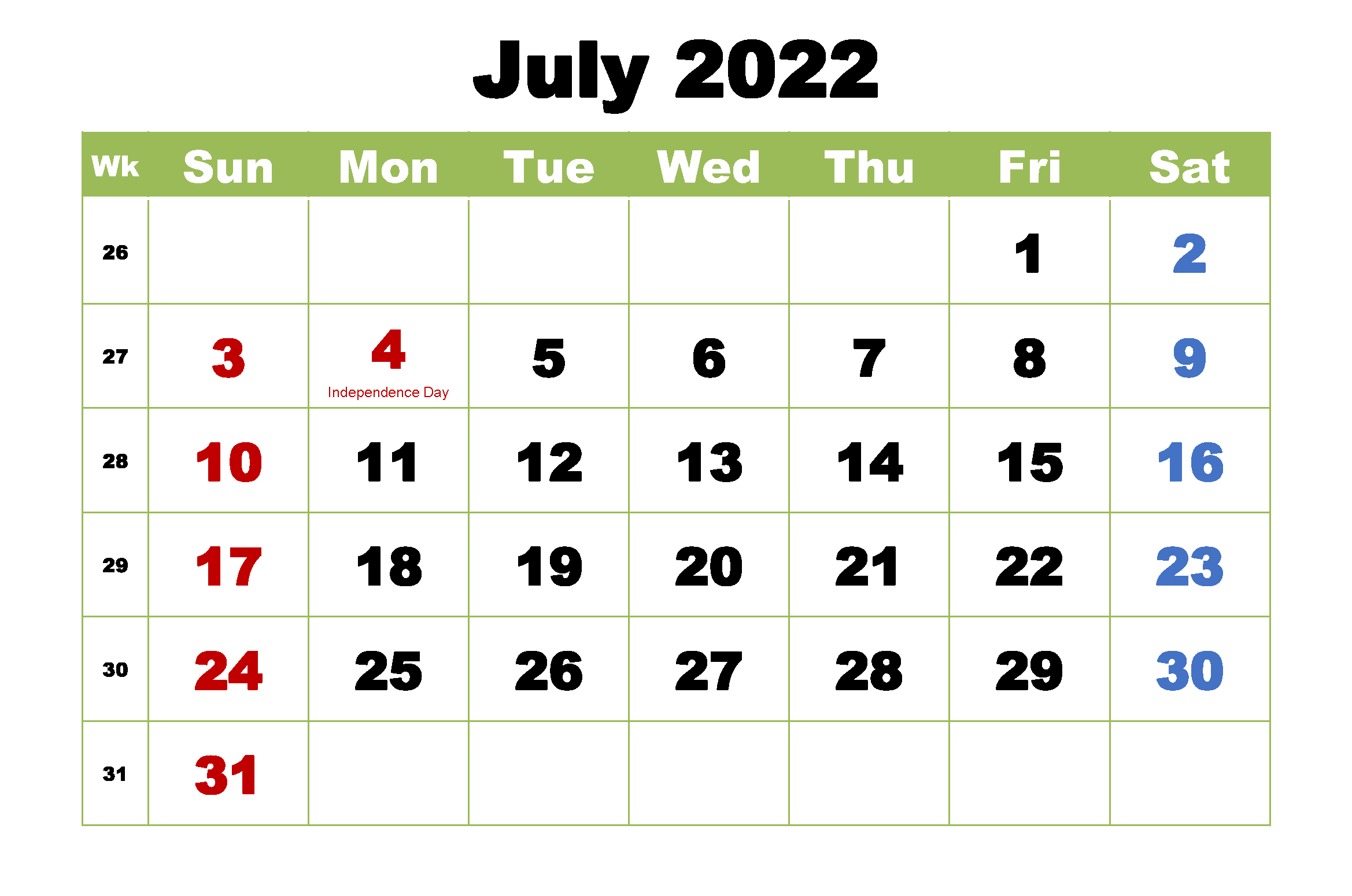 Cute July 2022 Calendar Template