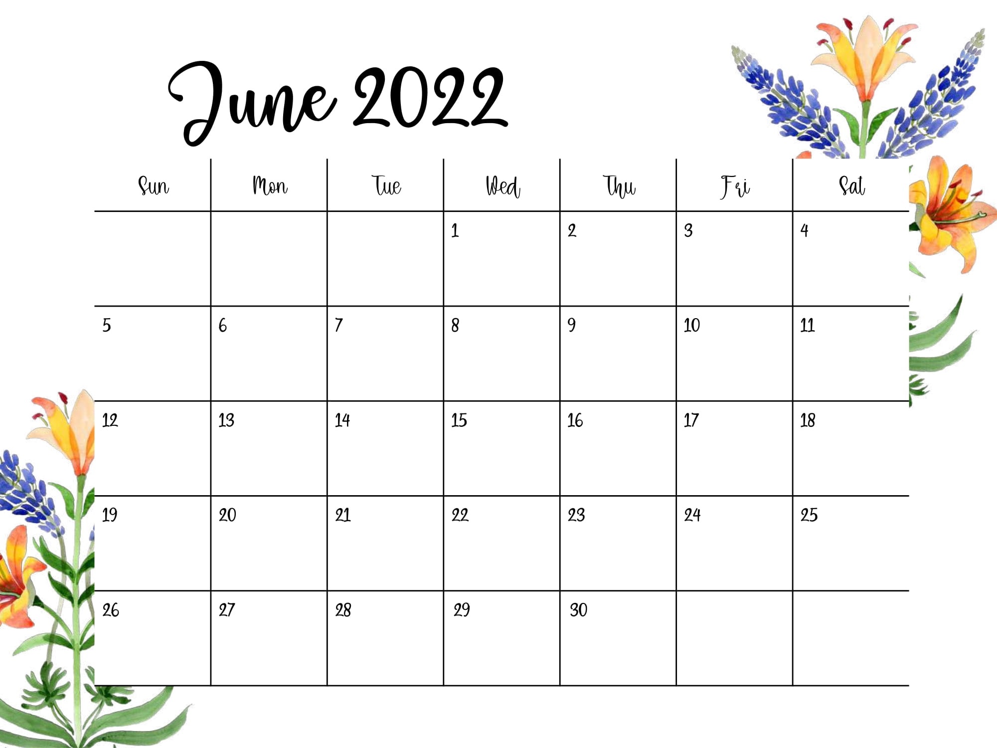 Cute June 2022 Calendar Template