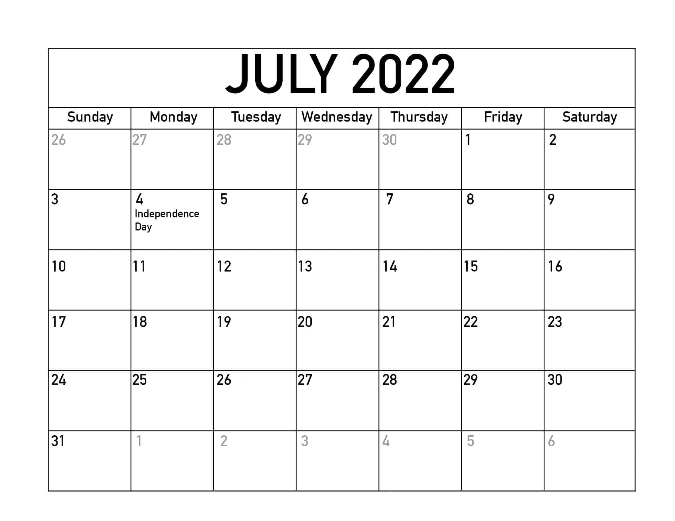 July 2022 Calendar With Holidays Template