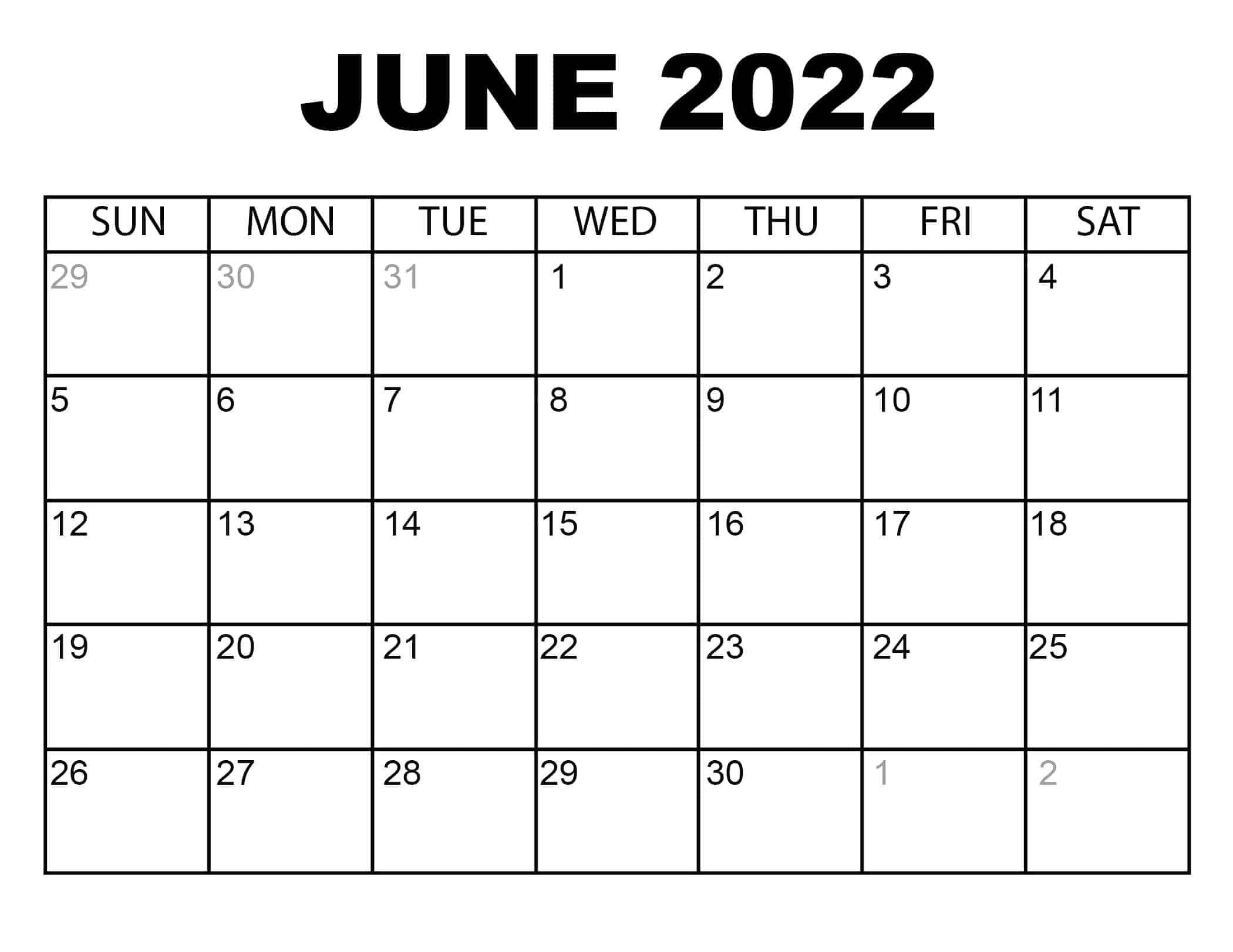 June 2022 Printable Calendar New