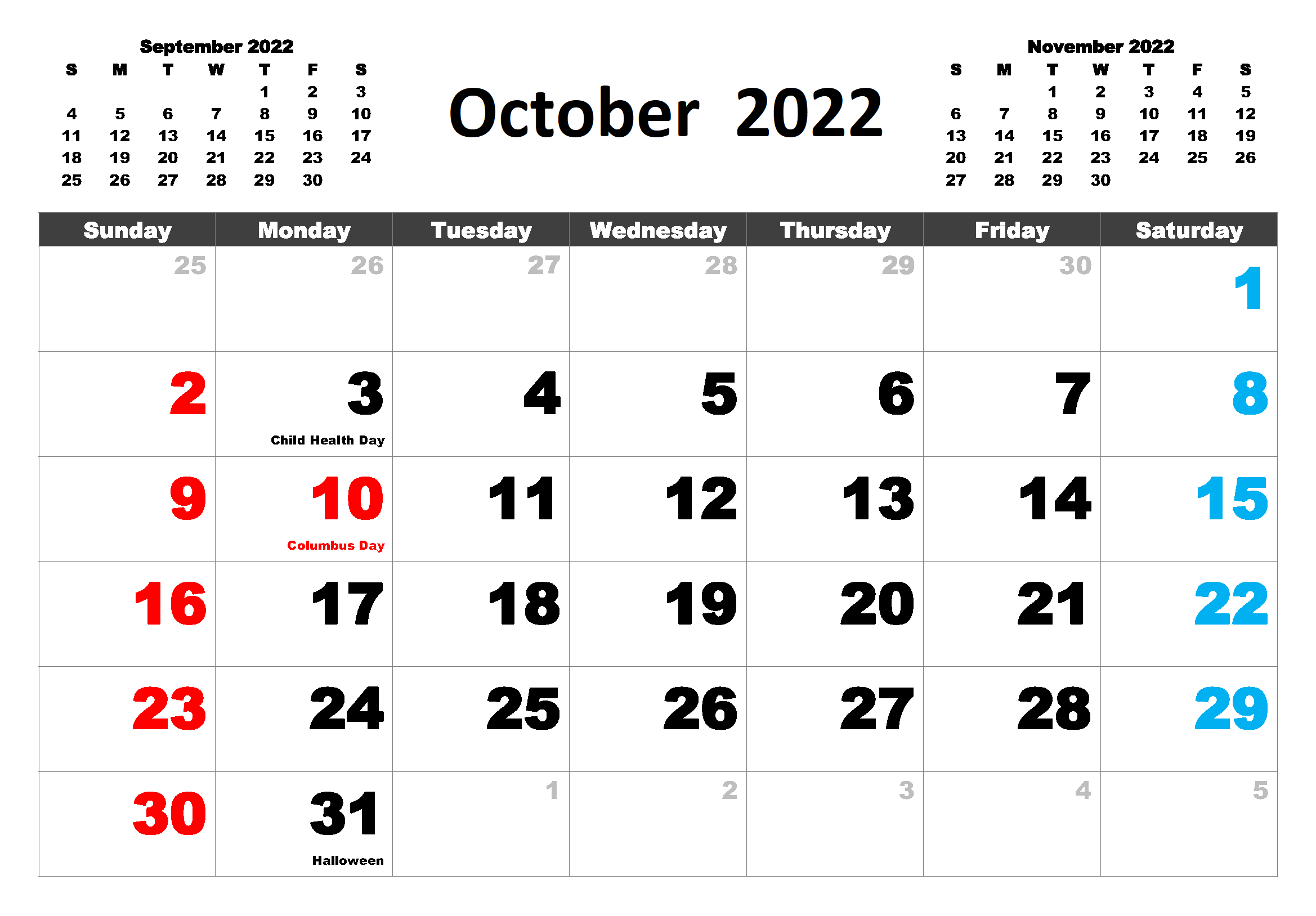 October 2022 Calendar With Holidays PDF