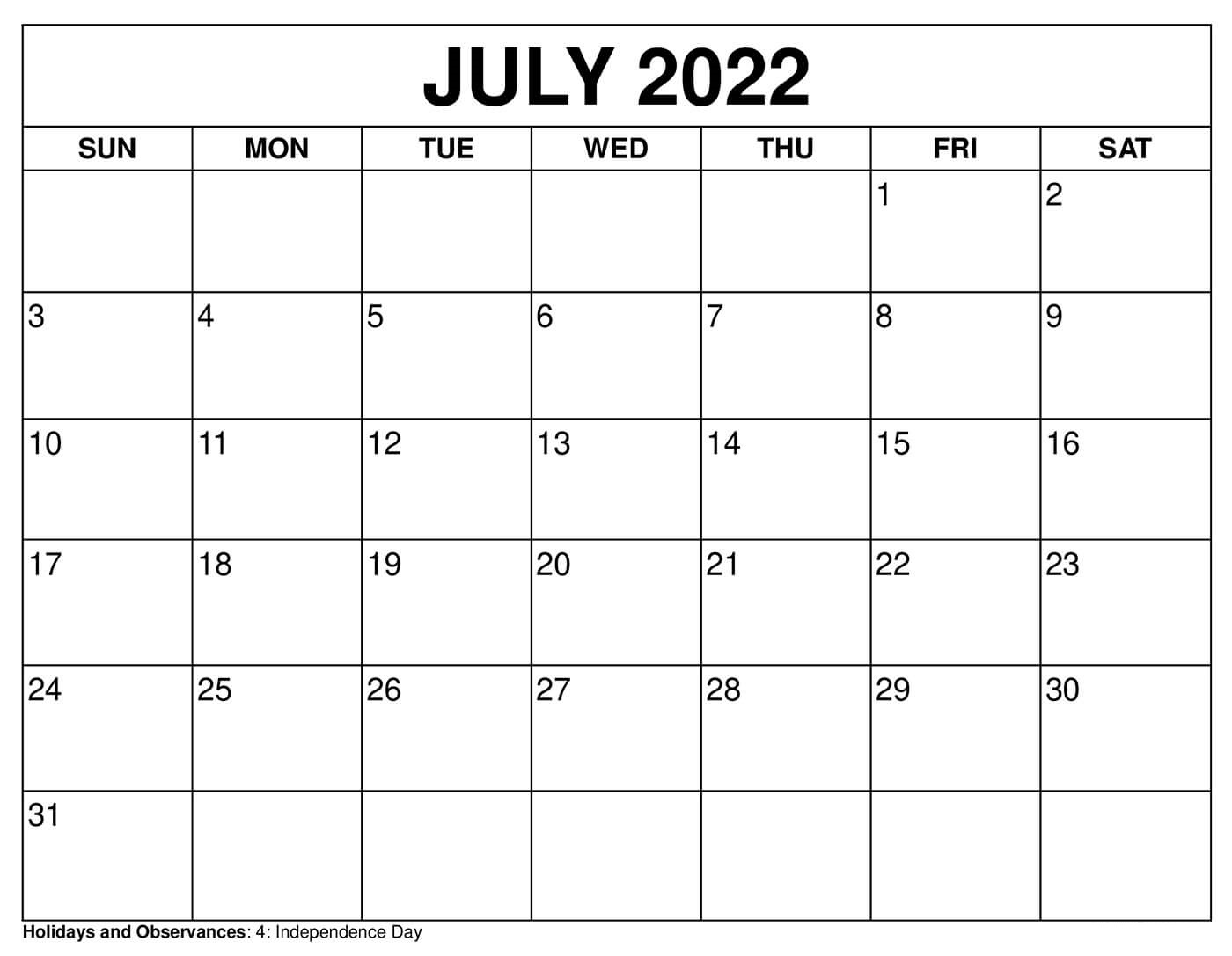 Printable July 2022 Calendar With Holidays