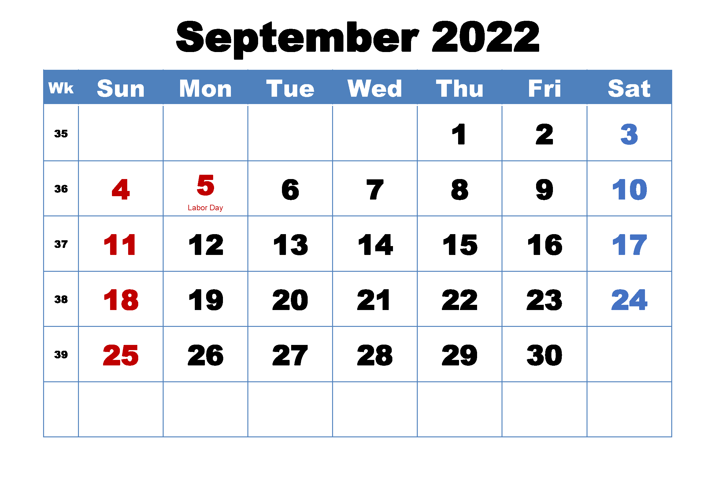 September 2022 Calendar With Holidays Template