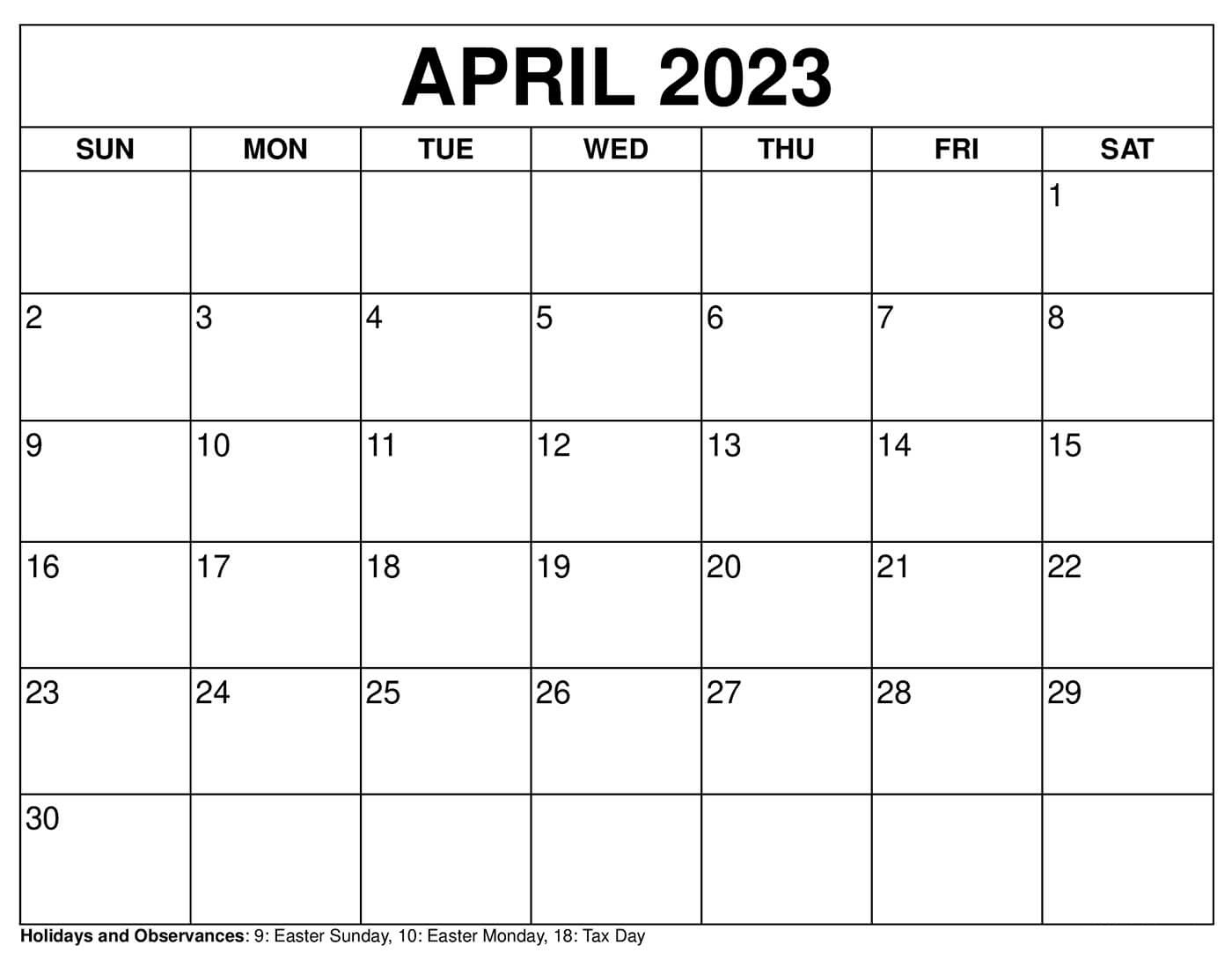 April 2023 Printable Calendar Template