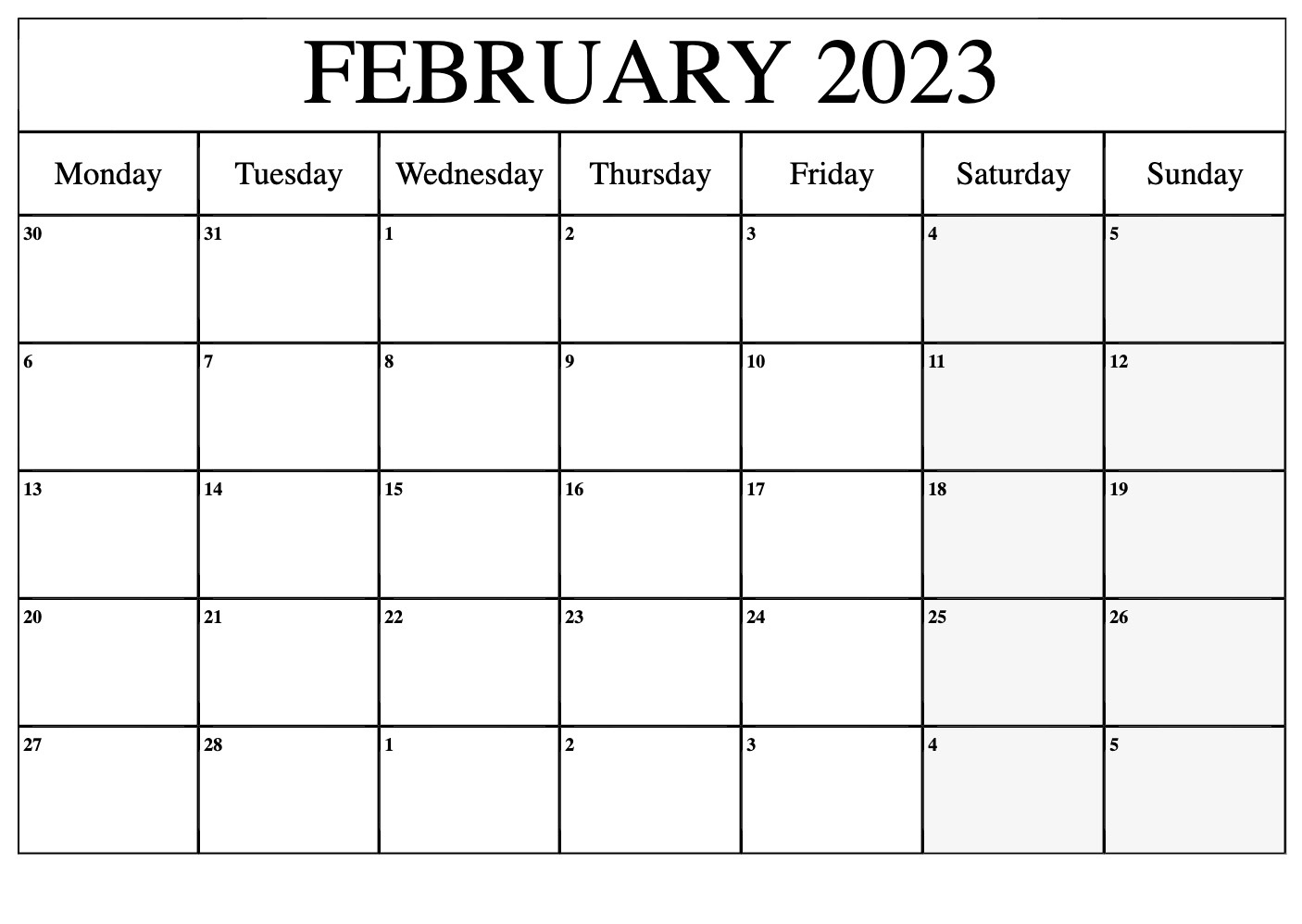 Blank 2023 February Calendar
