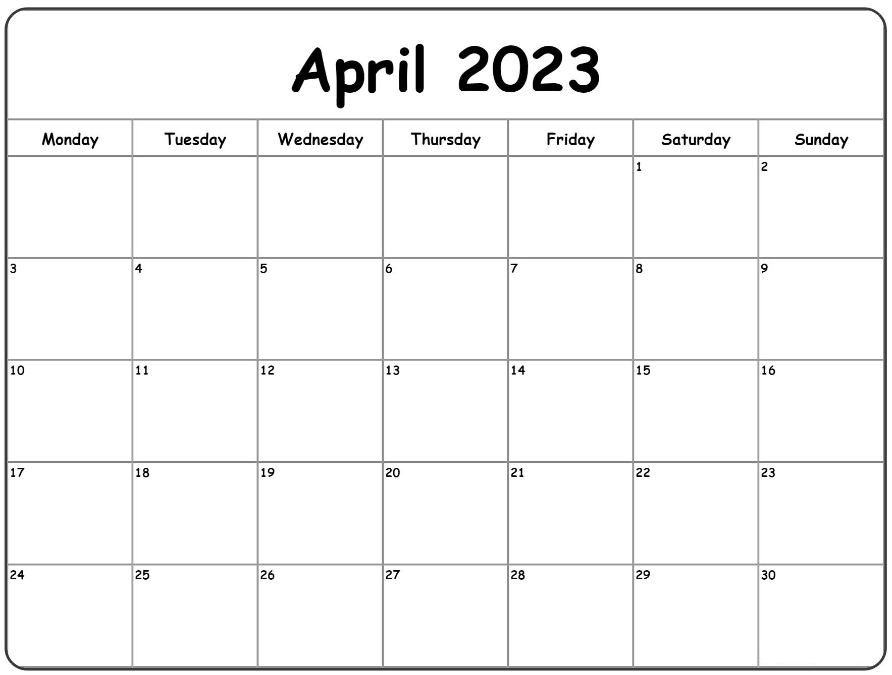 Blank April 2023 Calendar With Holidays