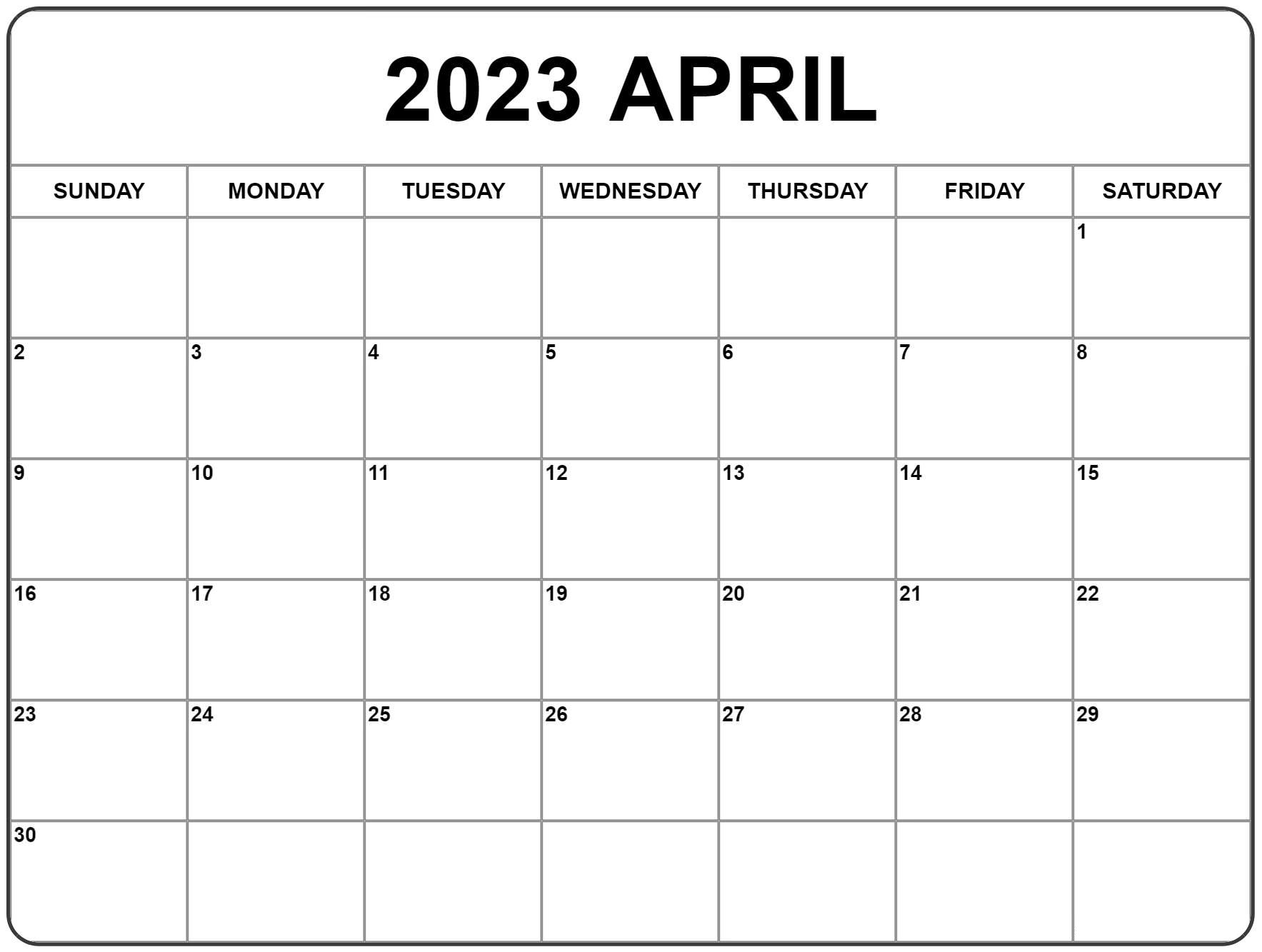 Blank April 2023 Printable Calendar