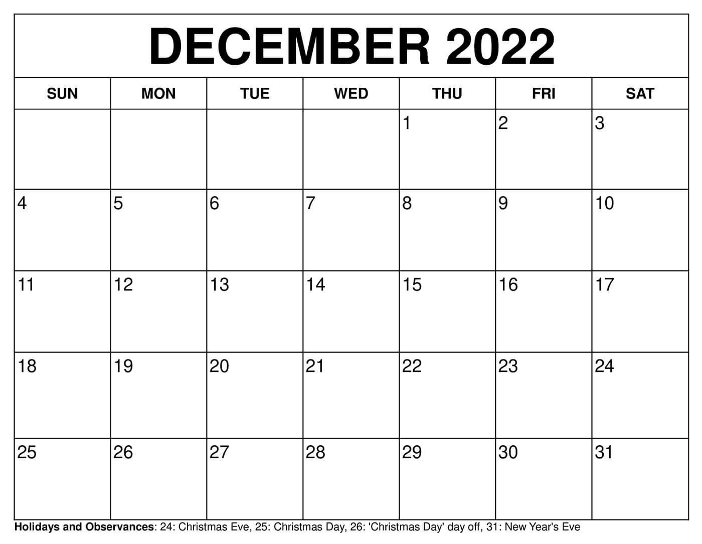 Blank December 2022 Calendar