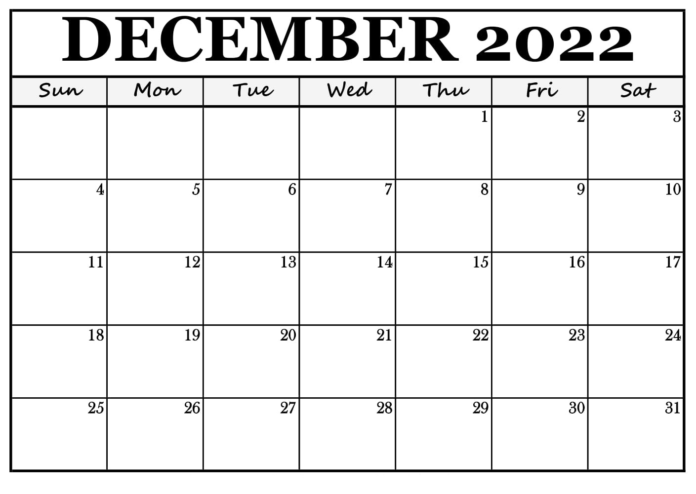 Blank December 2022 Calendar PDF