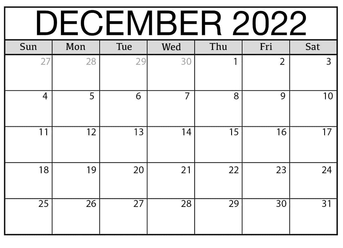 Blank December 2022 Calendar Print