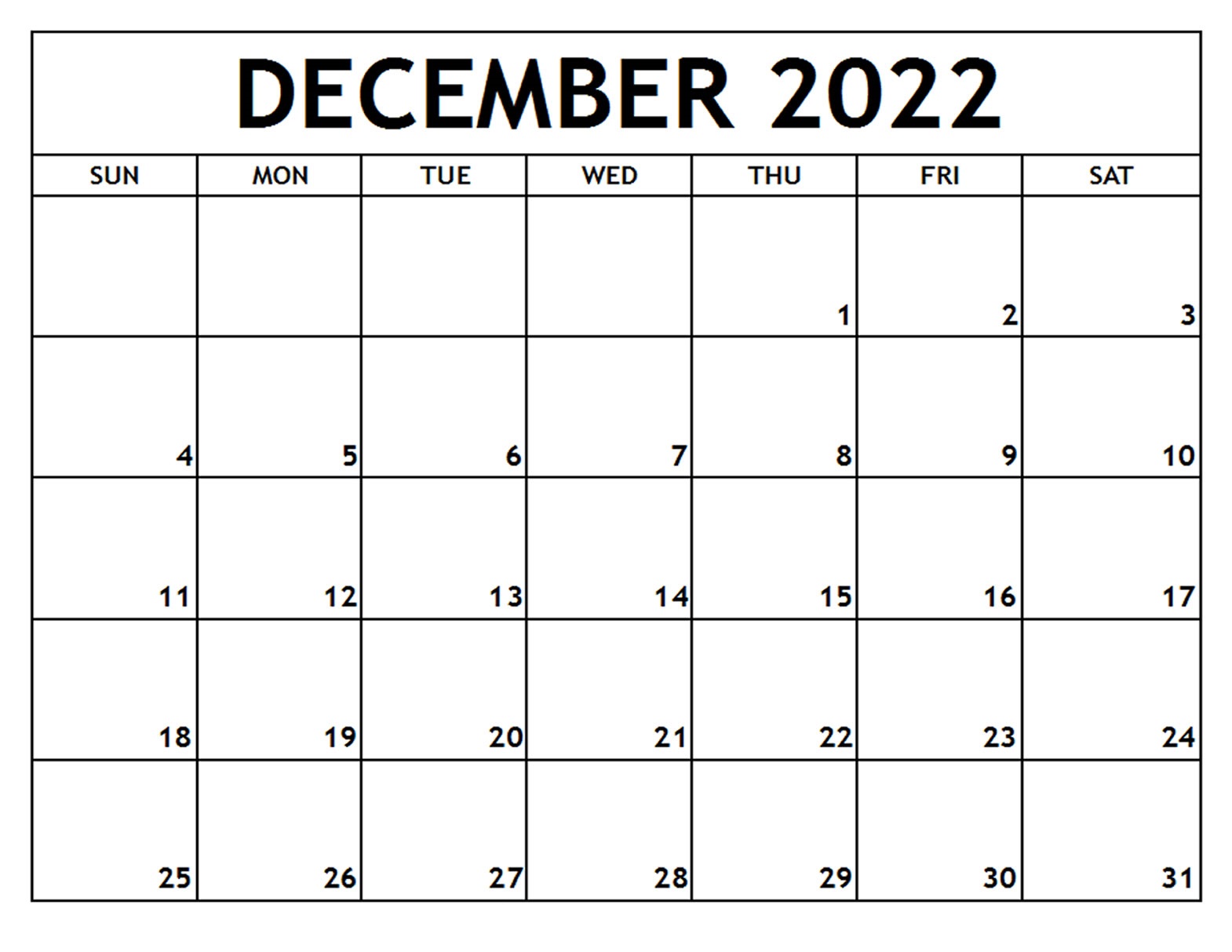 Blank December 2022 Calendar With Holidays