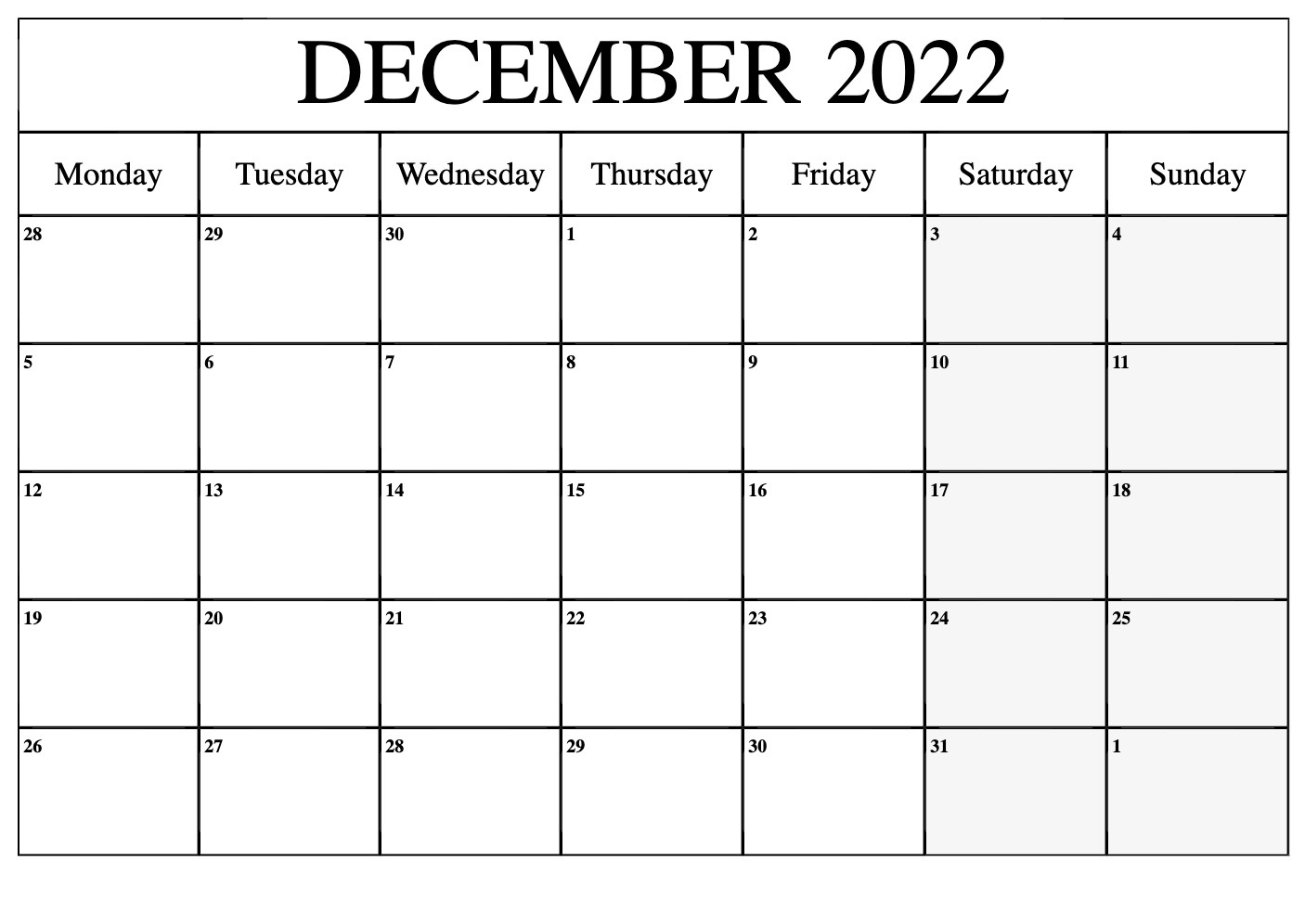 Blank December 2022 Printable Calendar