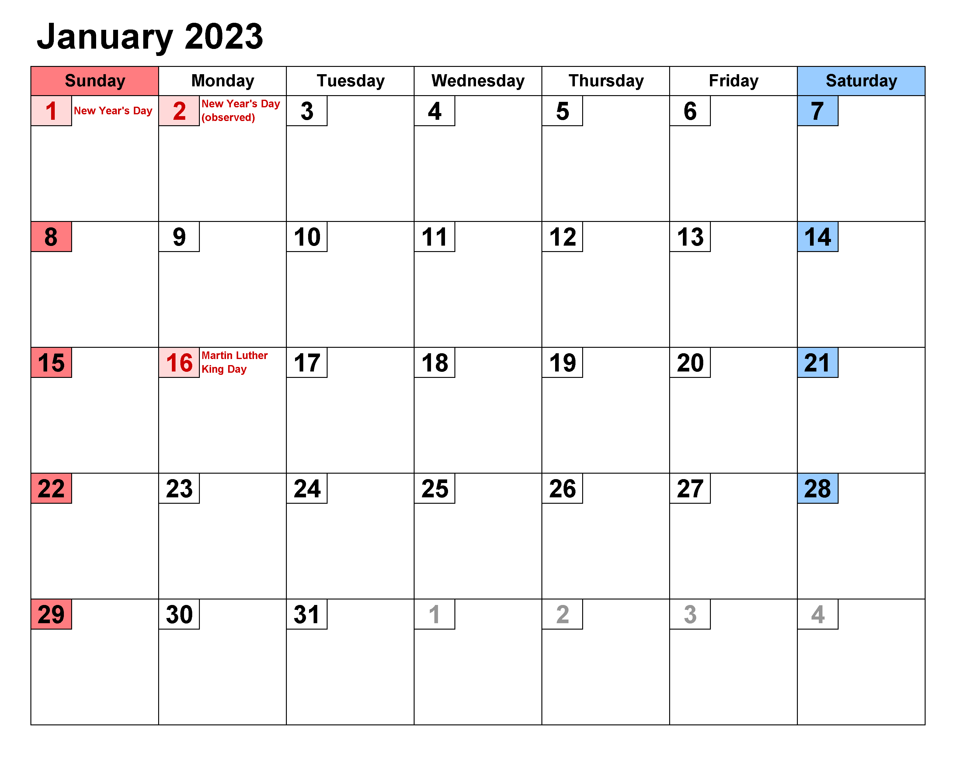 Blank January 2023 Calendar With Holidays