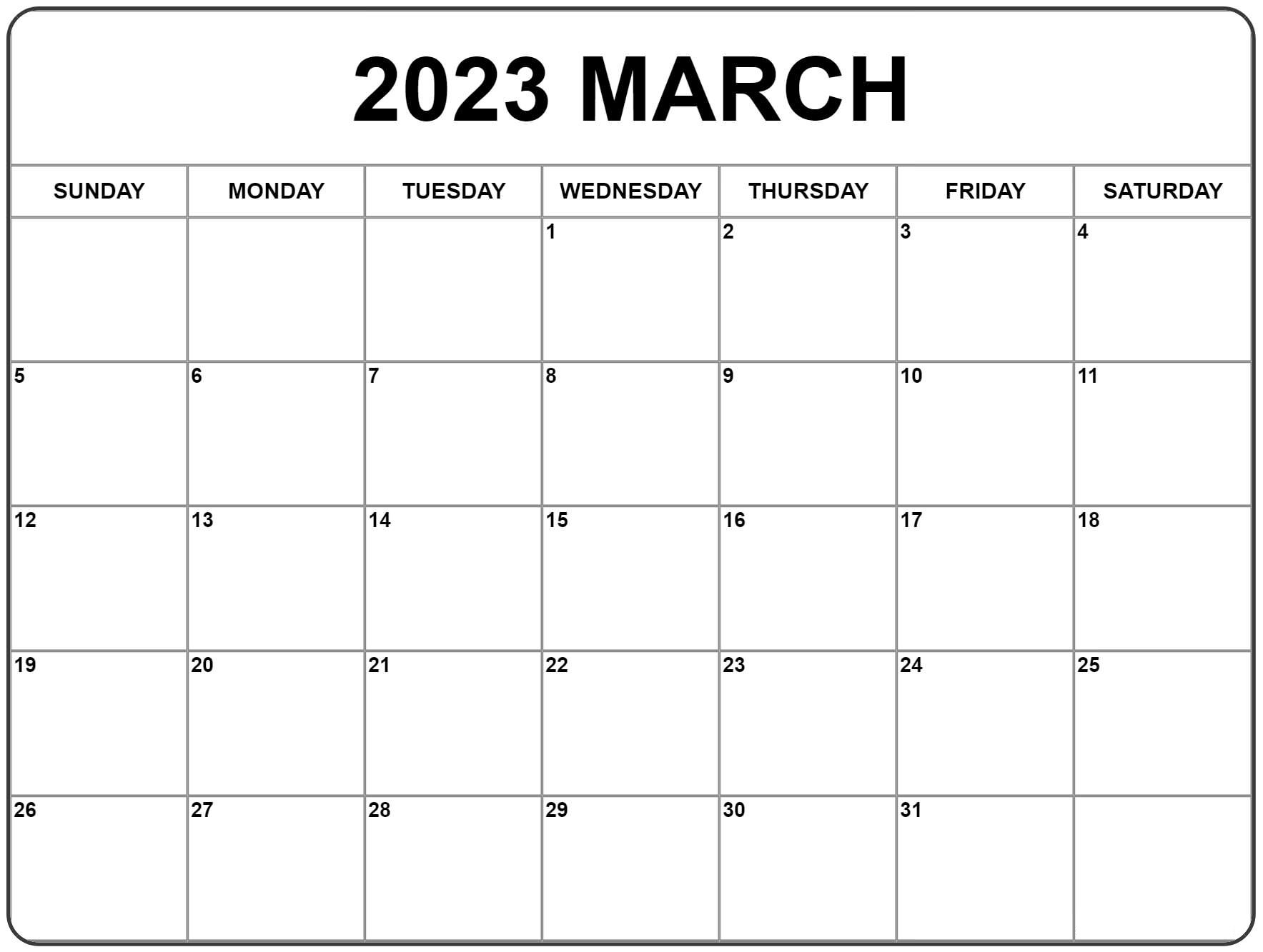 Blank March 2023 Calendar Print