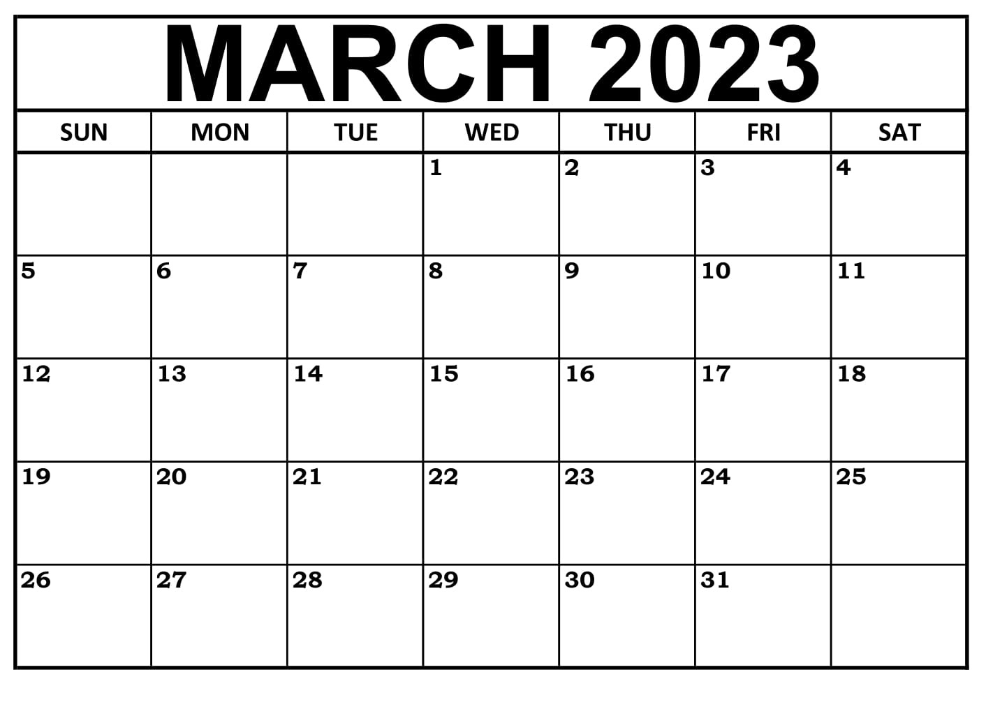 Blank March 2023 Calendar Template