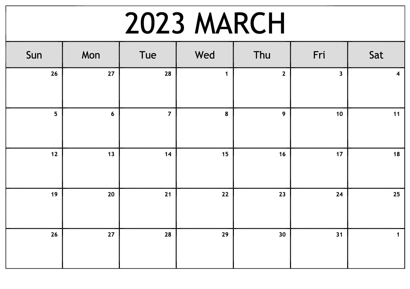 Blank March 2023 Calendar With Holidays