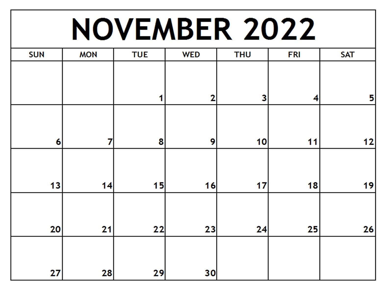Blank November 2022 Calendar Print