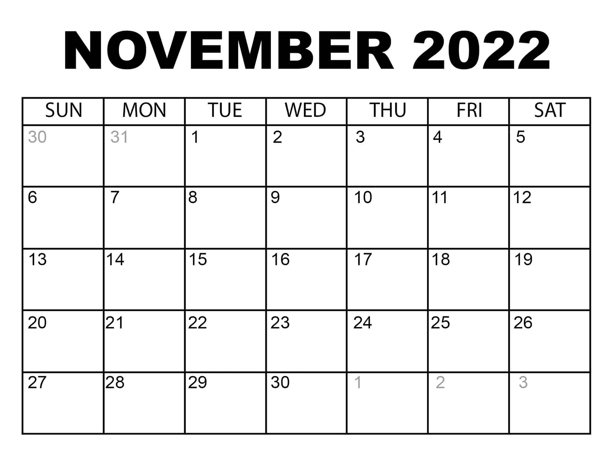 Blank November 2022 Calendar With Holidays