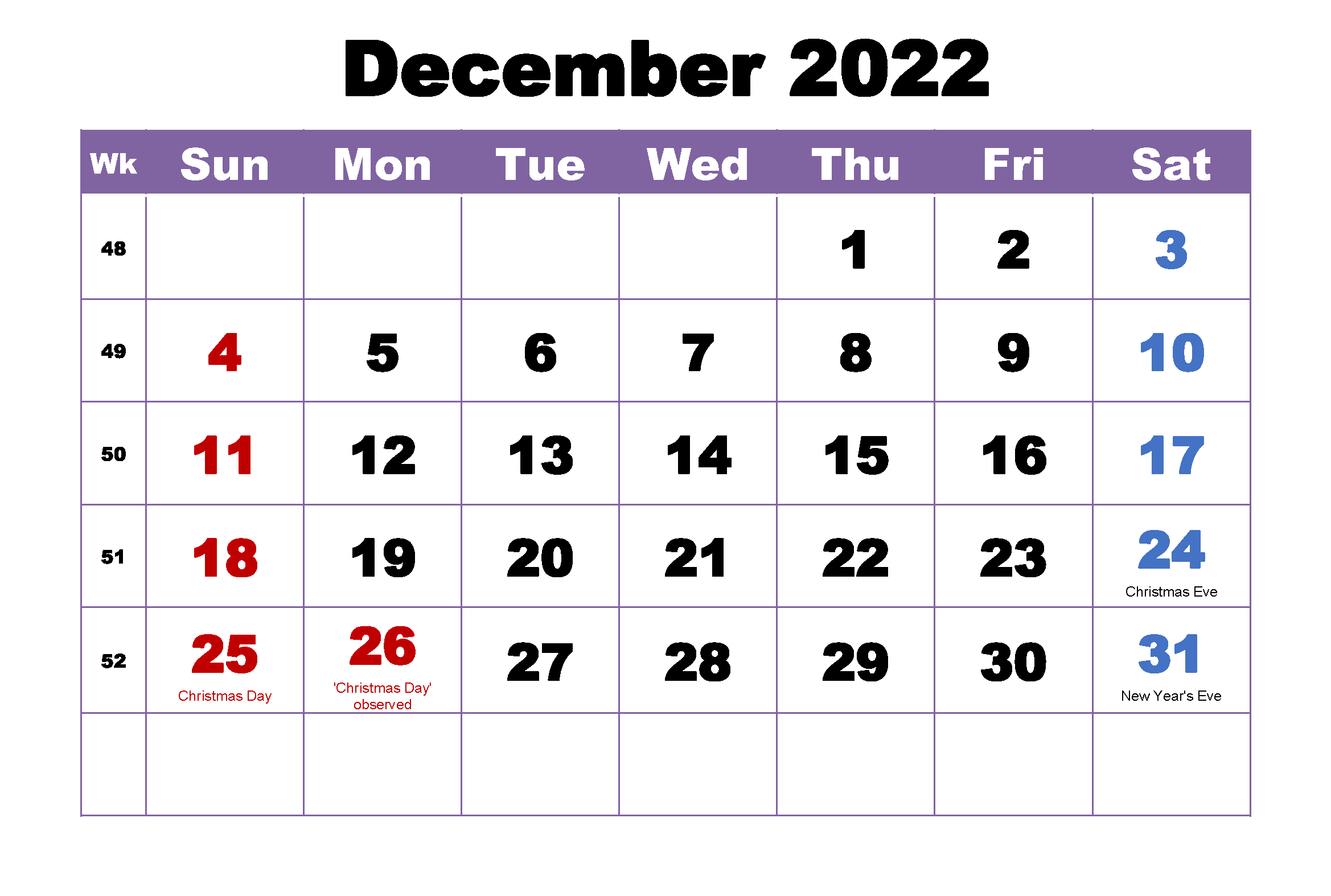 Cute December 2022 Calendar With Holidays
