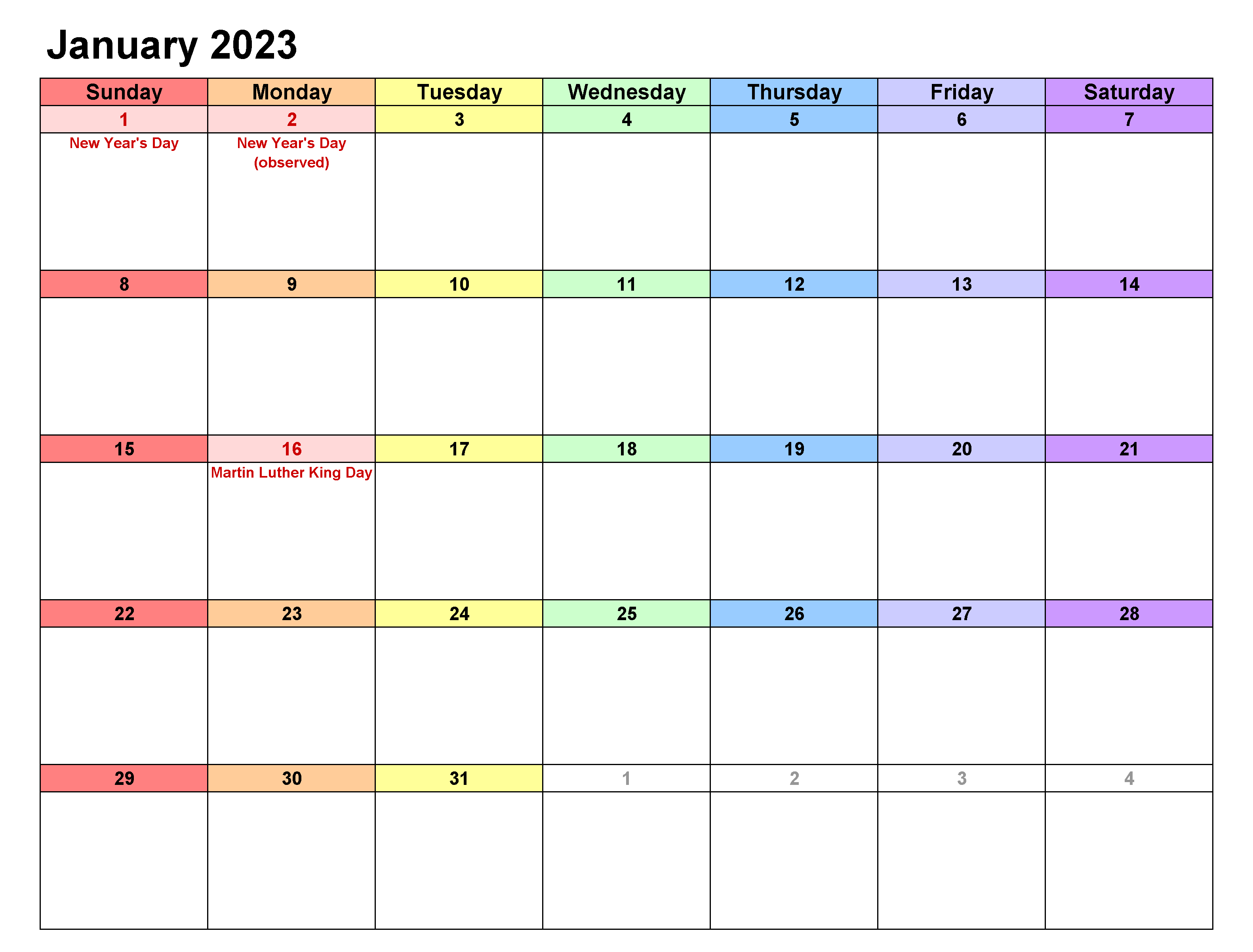 Cute January 2023 Calendar Excel