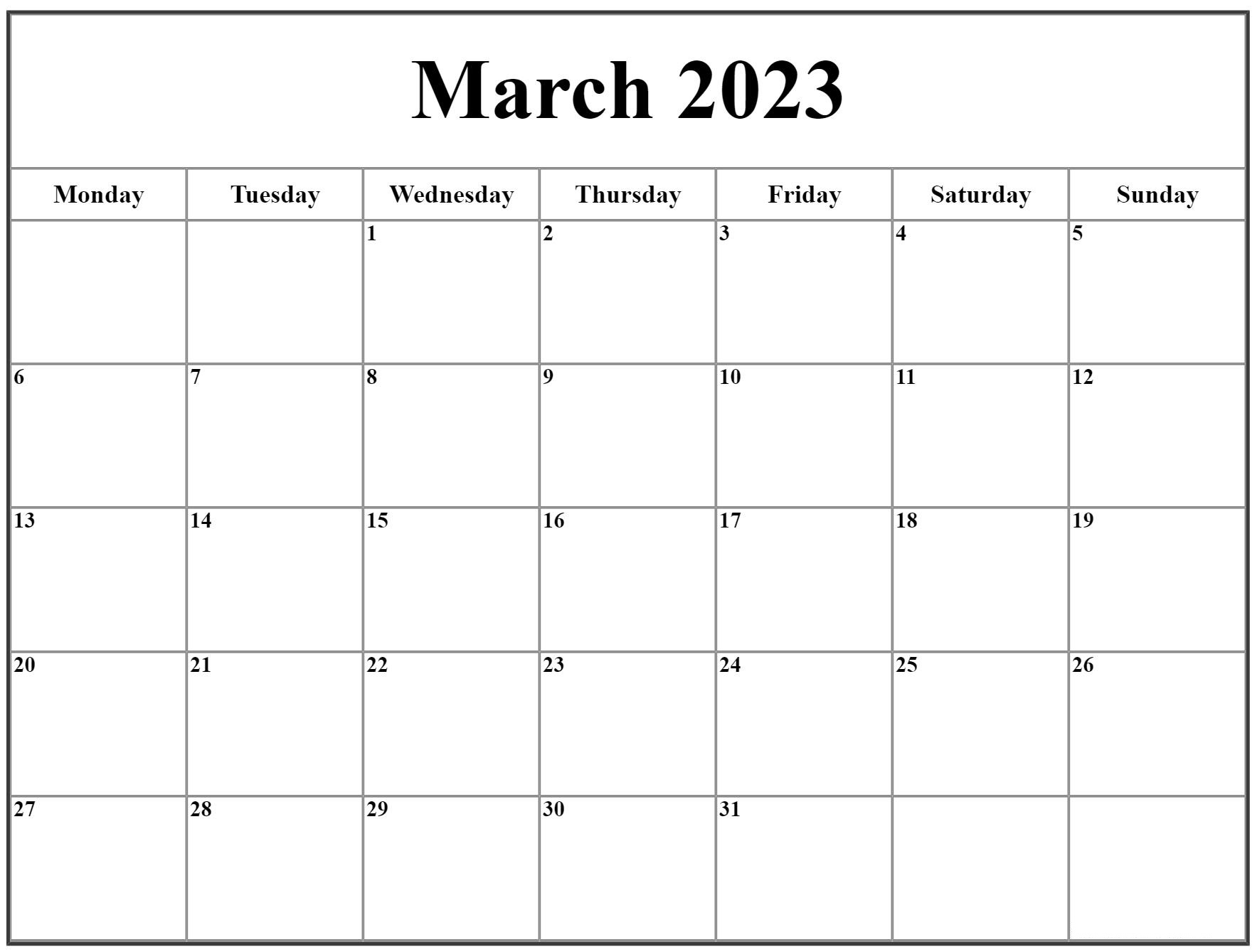 Cute March 2023 Calendar Blank