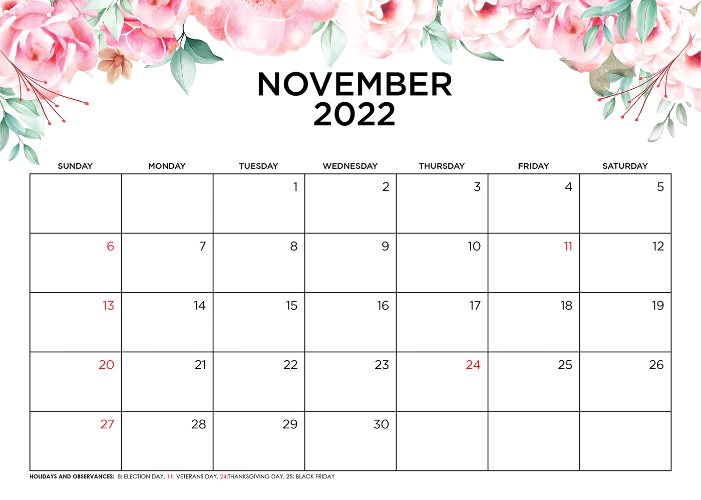 Cute November 2022 Calendar With Holidays