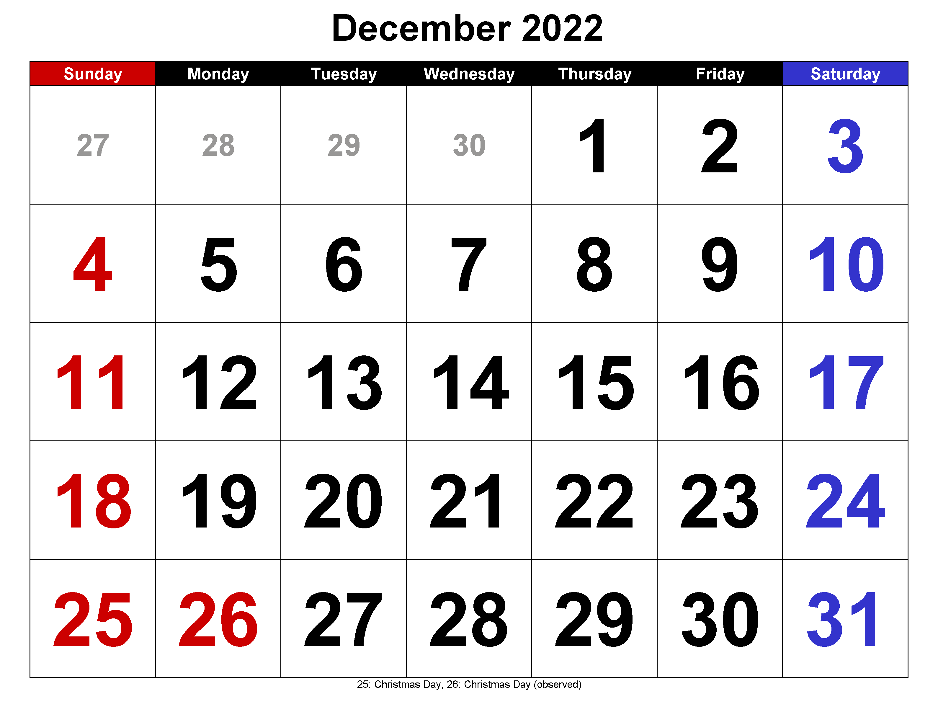 December 2022 Calendar New