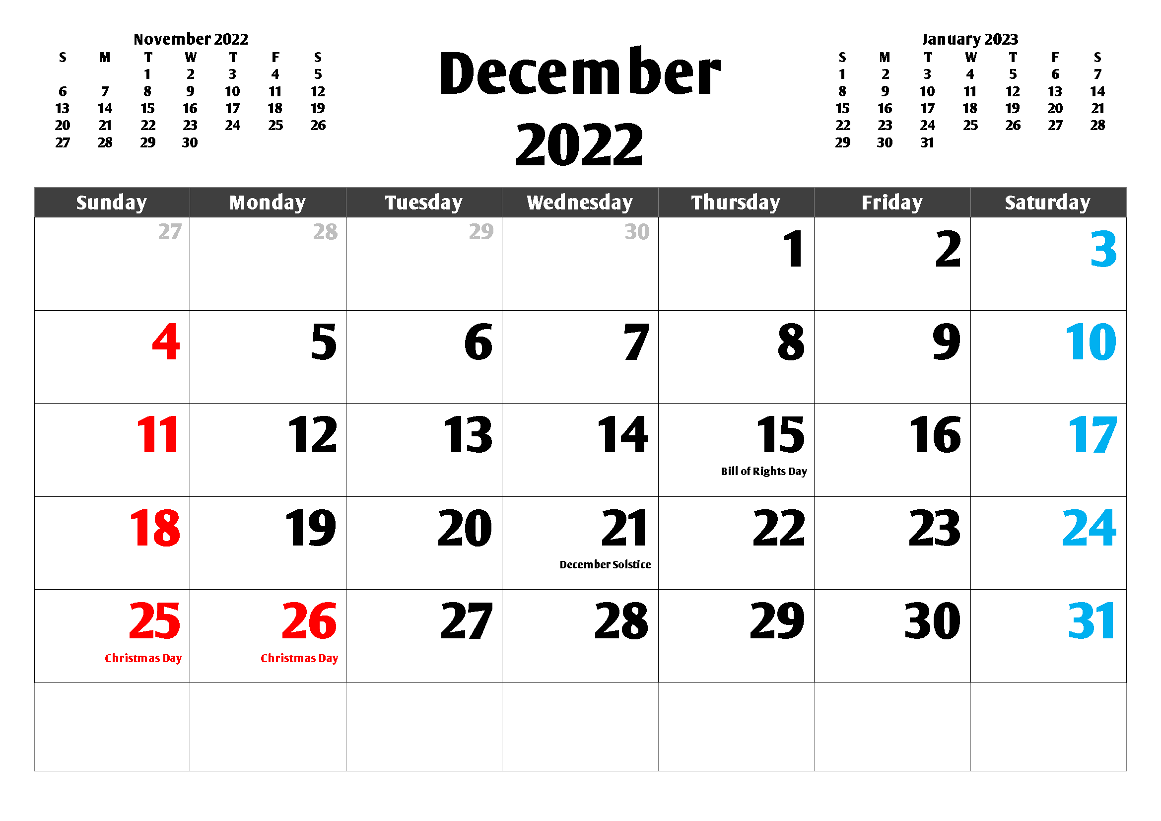December 2022 Calendar With Holidays New