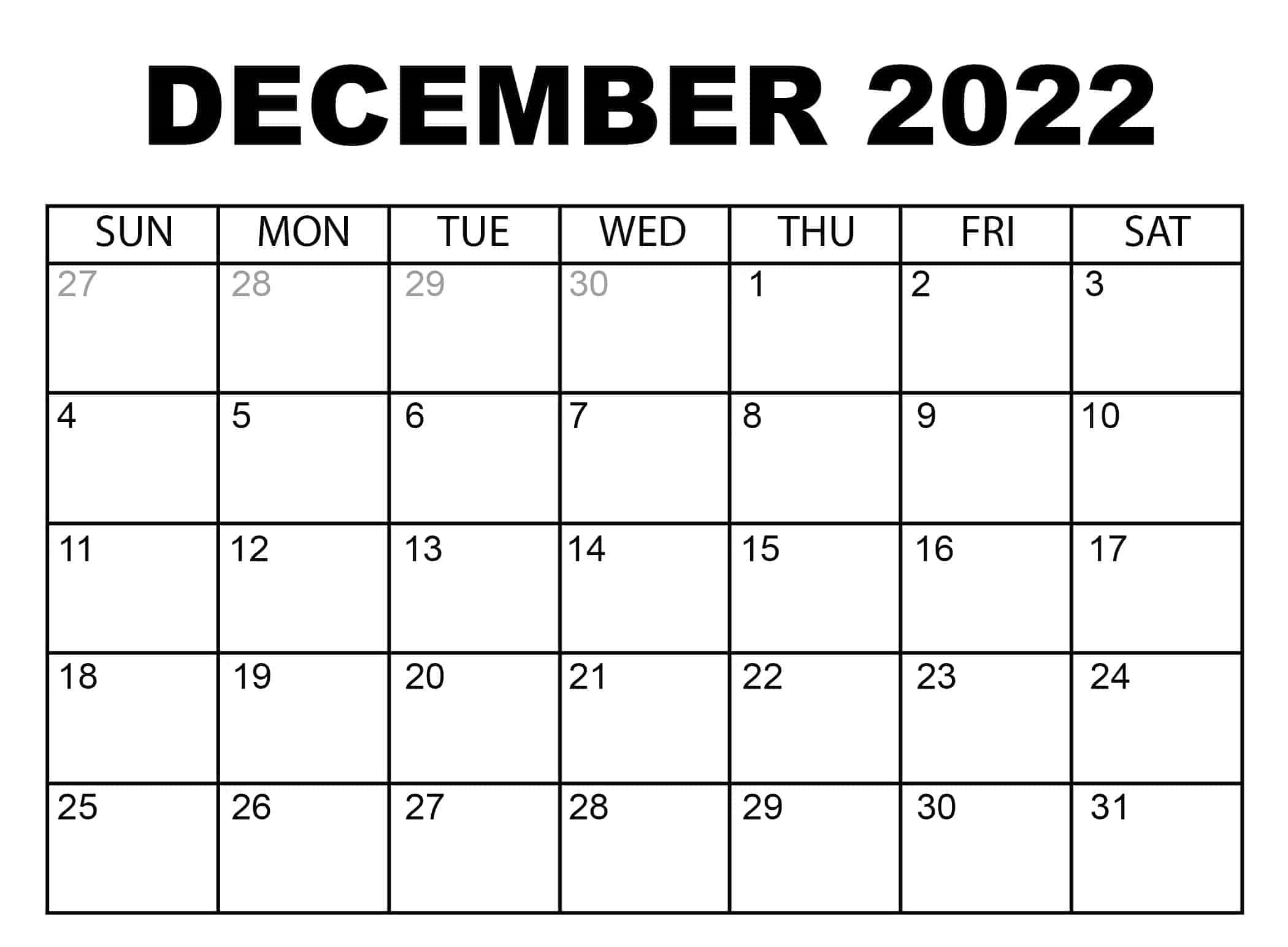 December 2022 Printable Calendar PDF