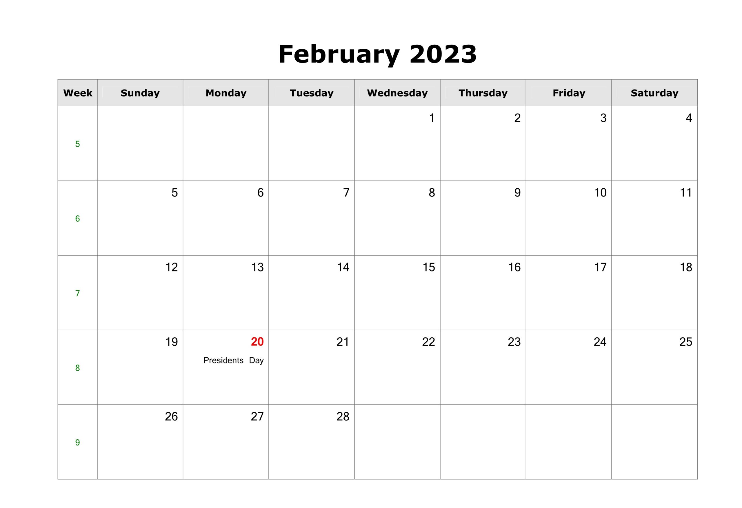 February 2023 Calendar With Holidays Template
