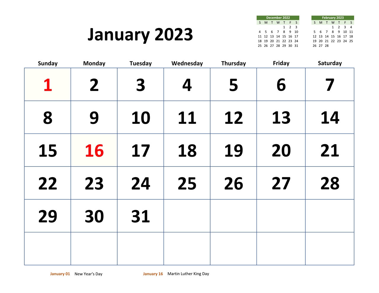 January 2023 Calendar With Holidays PDF