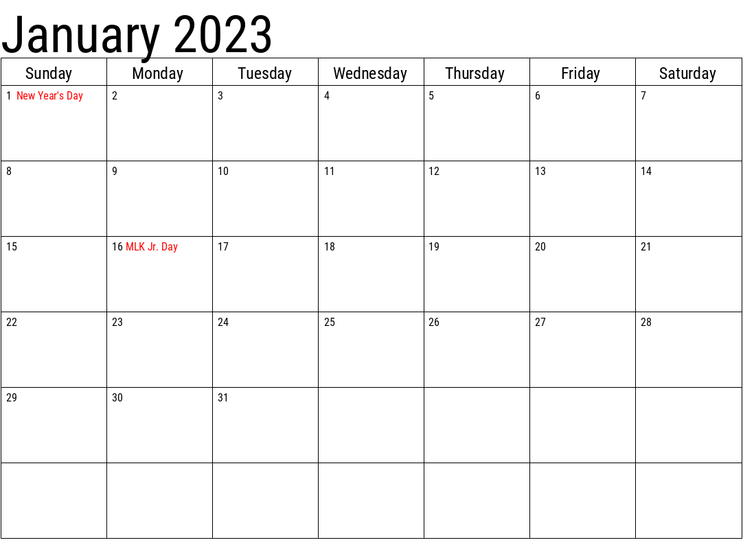 January 2023 Calendar With Holidays Planner