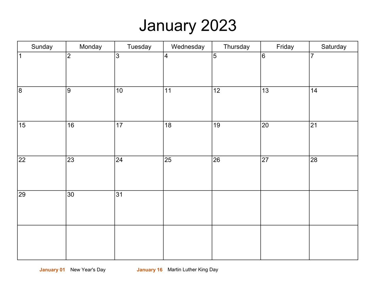 January 2023 Printable Calendar PDF